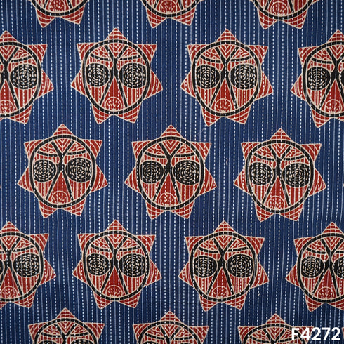 Indigo Print Kantha Work Cambric Cotton Fabric- F4272